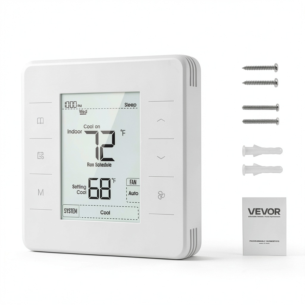 VEVOR Programmable Thermostat mounted on a wall with backlit display visible