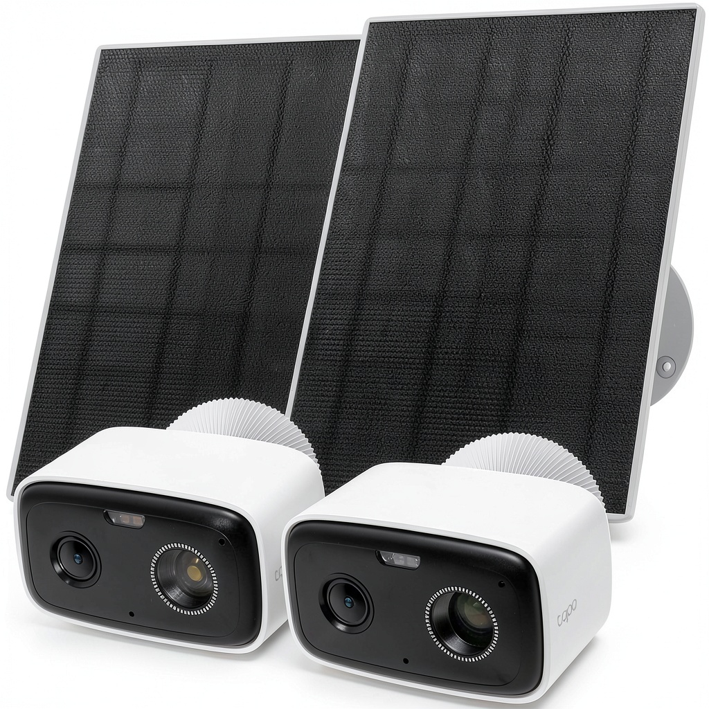 TP-Link Tapo Solar Security Camera Kit mounted on an exterior wall