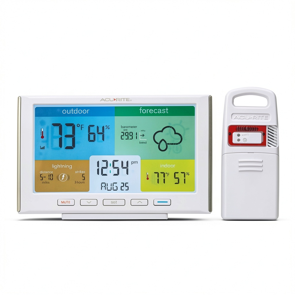 AcuRite Weather Station Forecaster displaying weather data on a desk