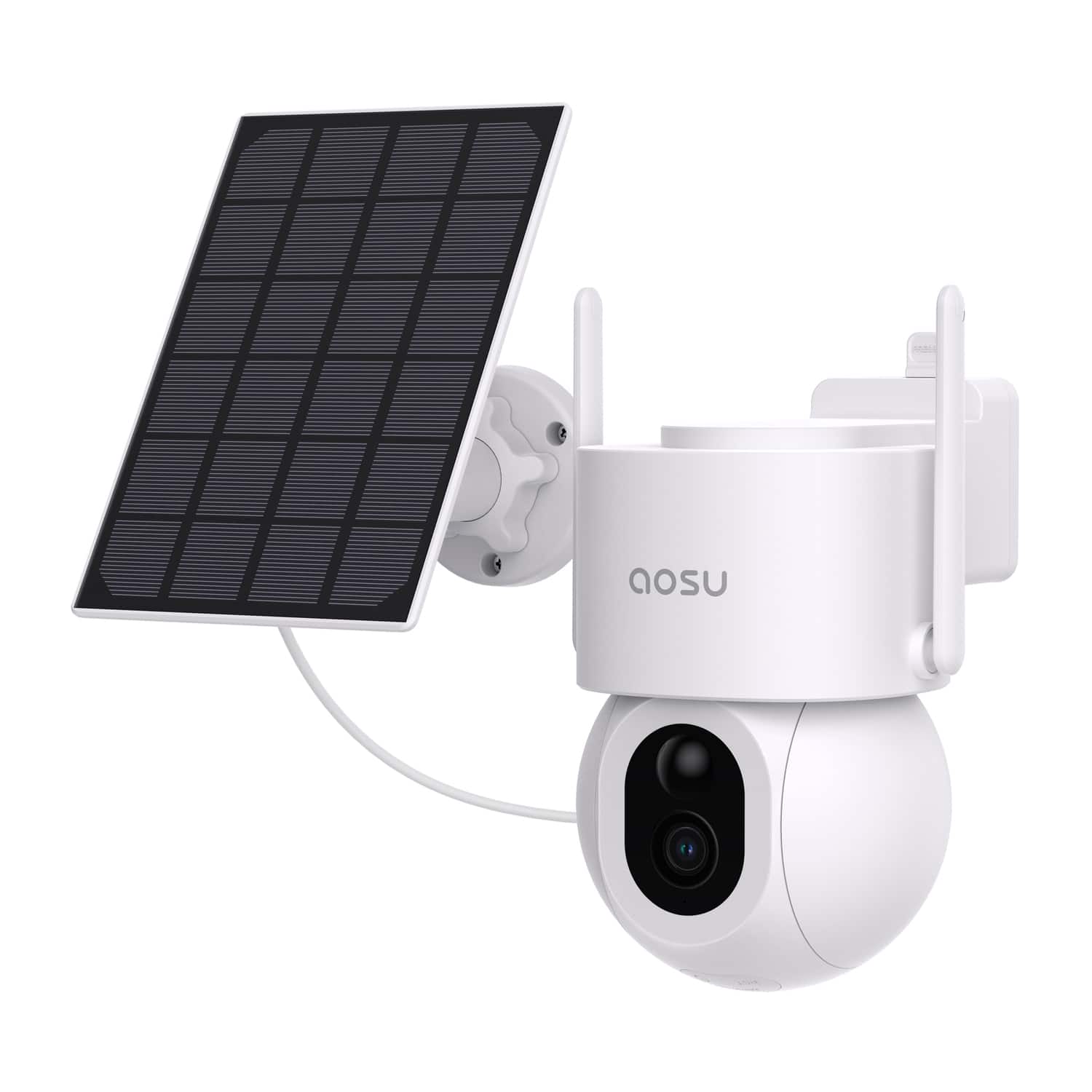 AOSU Solar Security Camera mounted on an outdoor wall with 360-degree view