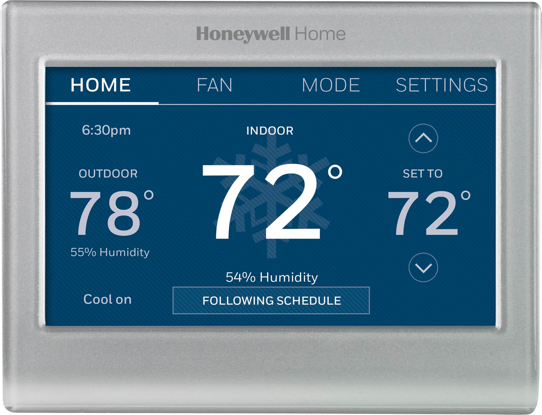 Honeywell Smart Color Thermostat mounted on a wall in a living room