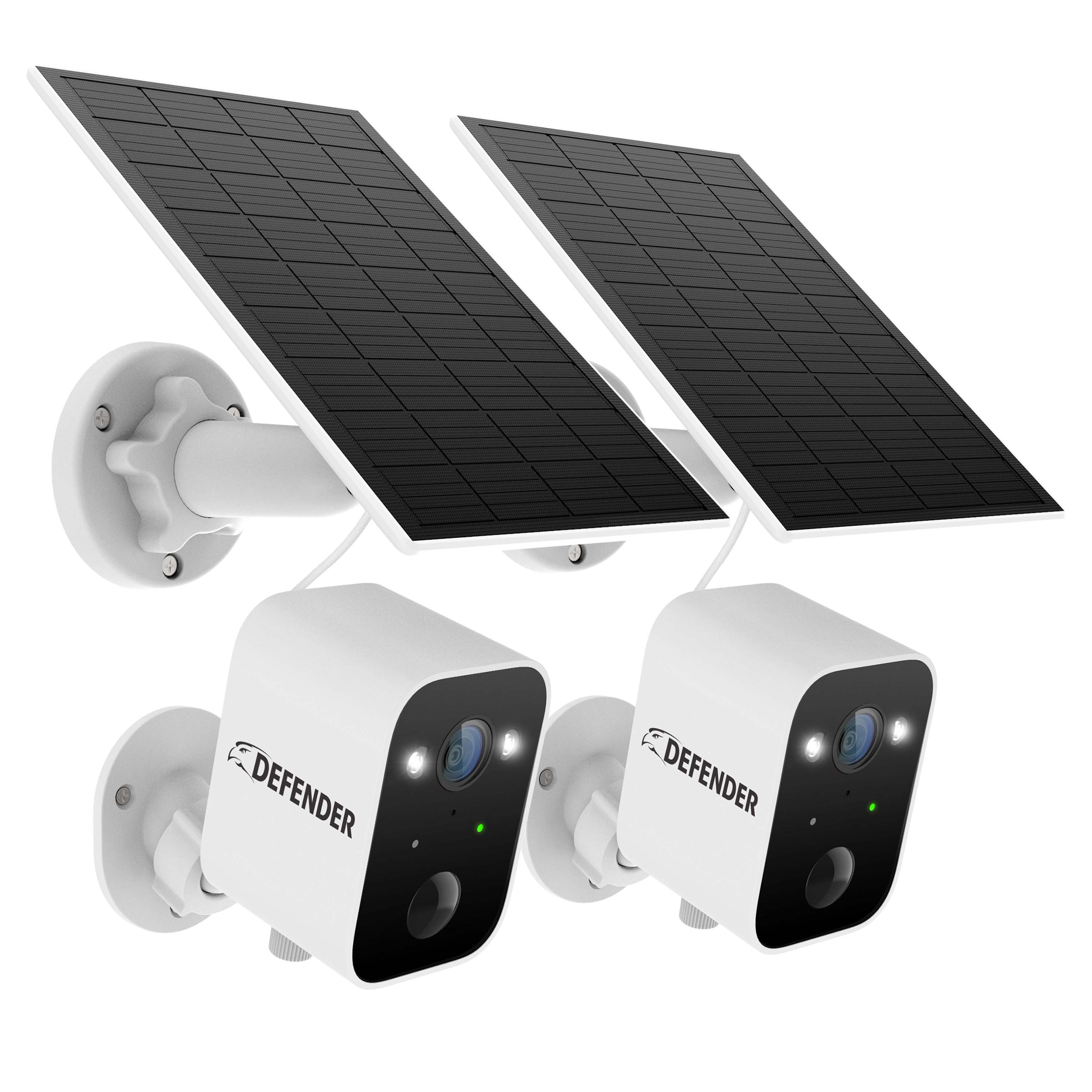 Defender Solar Security Camera mounted on an exterior wall with solar panel visible
