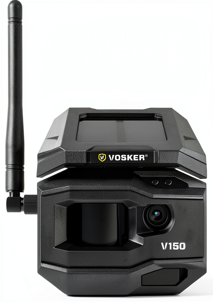 Vosker V150 camera installed in an outdoor setting with solar panel visible