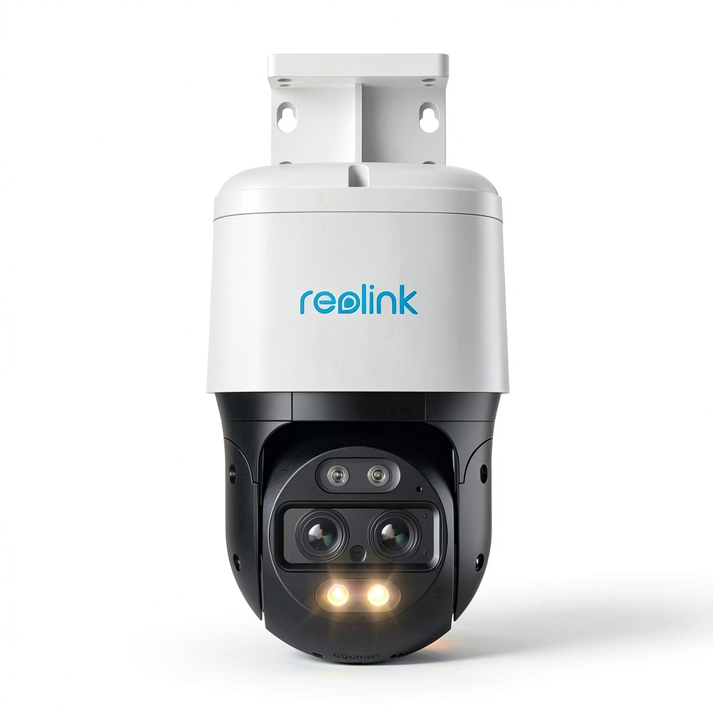 Reolink 4K PoE PTZ camera mounted outdoors with dual-view display