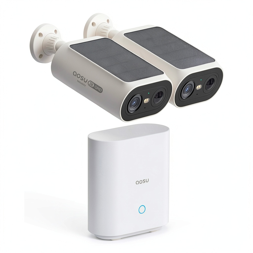 AOSU Solar Security Camera mounted on an exterior wall with solar panel visible