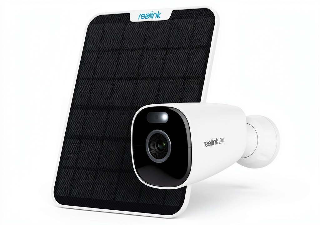 Reolink B360 camera mounted on an exterior wall with solar panel