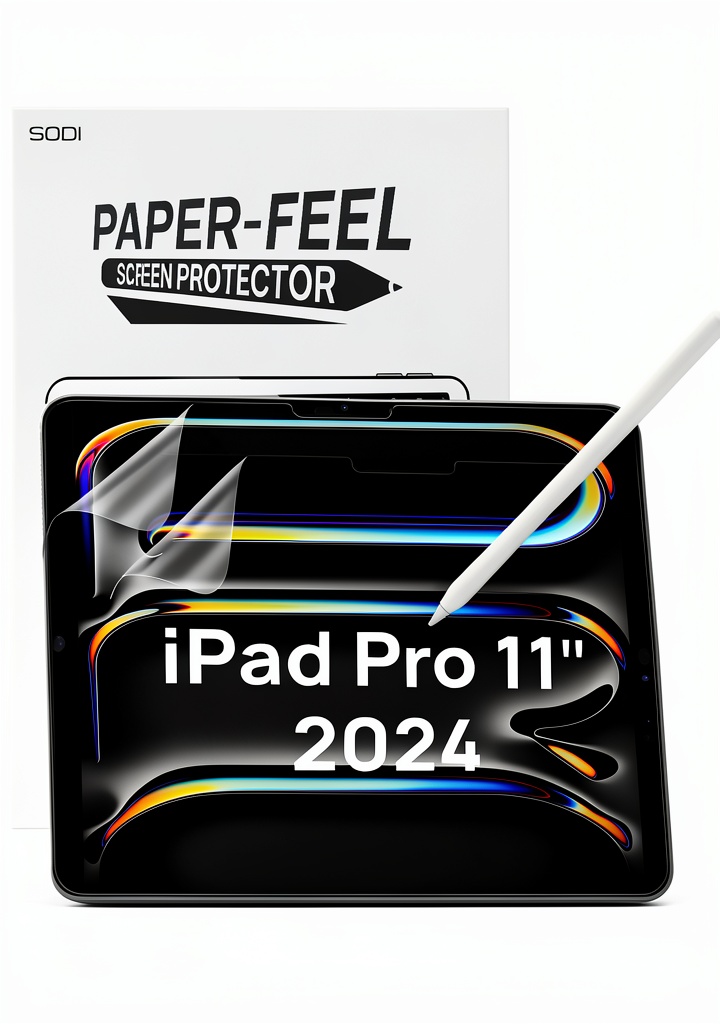 iPad Pro 11 with paper-like screen protector applied, showing matte finish and reduced glare