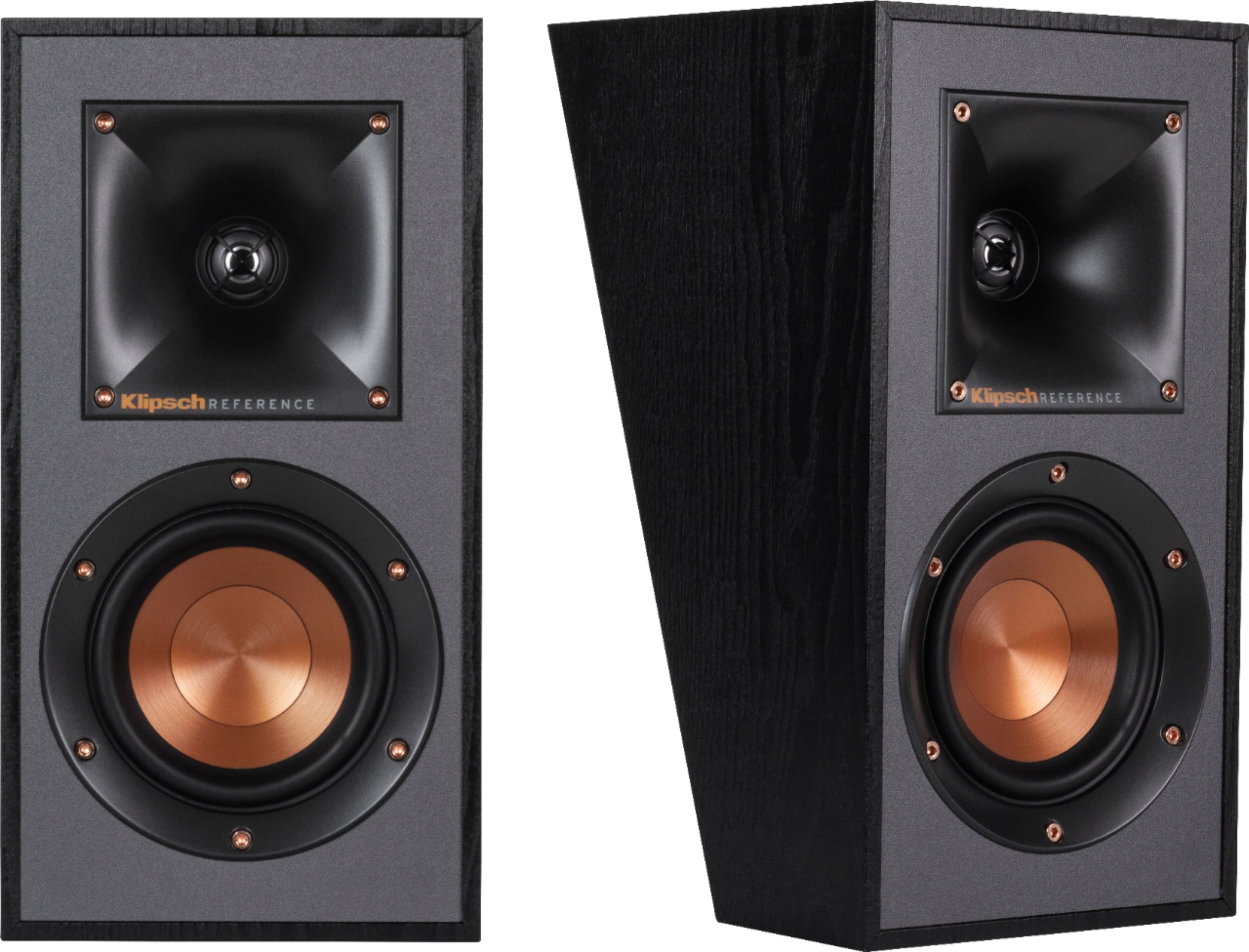 Klipsch Reference Series speakers mounted on a wall in a home theater setup